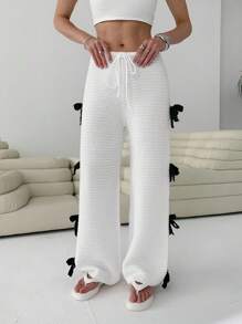 SHEIN EZwear Pantalon tricoté casual à nœud papillon pour femme - Blanc - Voir 3