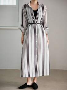 Dazy-Less Langarm gestreiftes Midikleid in lockerer Passform, Casual/Business Formelle Kleidung für Damen, Frühling/Sommer/Herbst