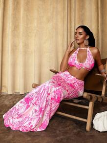 Sirith Summer New Vacation 3D Floral Decor Splicing Design Sexy V-Neck Spaghetti Strap Camisole + Low-Waist Ruched Form-Fitting Mermaid Maxi Skirt 2Pcs Set For Women - Multicolor - View 4