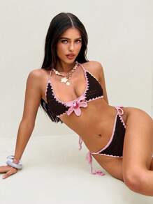 Bonvoyette Bộ đồ bơi bikini móc len họa tiết bướm hoa lan, lý tưởng cho kỳ nghỉ hè - Nhiều màu - Xem 1