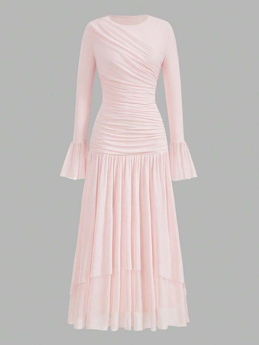 Auralis 大码女士优雅长裙，秋季连衣裙，粉色连衣裙，可爱淑女裙，长袖连衣裙，秋季女装秋季女士服装女士生日礼服女士连衣裙优雅裹身裙 - 粉色 - 查看 1