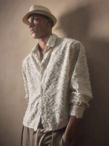 AKNOTIC Men's White Floral Jacquard Casual Loose Fit Long Sleeve Collared Shirt, Suitable For Summer, Autumn, Vacation, Daily Wear, Party, Men's Gift, Fall - Apricot - View 4