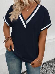 EMERY ROSE New Plus Size Women Fashionable Contrast Collar V-Neck Loose Short Sleeve T-Shirt - Navy Blue - View 4