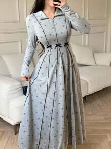 Feyla 女式休闲时尚蝴蝶结装饰束腰长袖中长连衣裙 - 淺灰色 - 查看 3