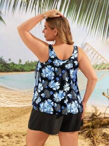 Swim Lushoire 加大码女式夏季沙滩花卉印花褶饰分体泳衣套装