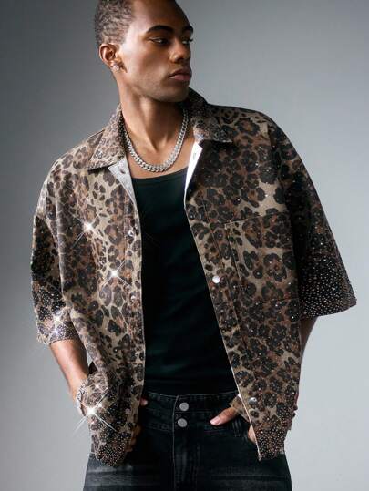 Grunge Punk Men's Boxy Fit Sparkly Diamond Leopard Print Short Sleeve Denim Shirt