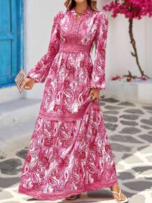 Vivid Eden 女士度假腰果花印花深V领灯笼袖连衣裙 - 粉色 - 查看 5