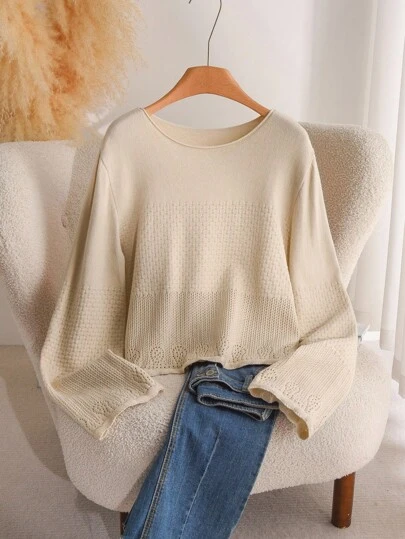 CosyJoli Plus Size Casual Pineapple Texture Hollow Out Round Neck Flared Cuff Long Sleeve Pullover Sweater In Fall/Winter Slightly Sheer