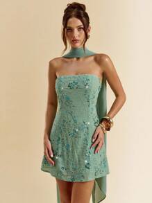 SHEIN BAE 女士串珠刺绣露肩 A 字迷你连衣裙，夏季 - 綠色 - 查看 7