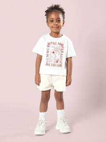 SUMWON 夏日天堂棕榈树女孩 T 恤冲浪海滩儿童度假休闲短袖棉质 T 恤岛屿趣味活力红色印花