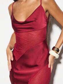 KIZN 优雅缎面晚礼服，垂领设计，及地长款，无袖，露背修身，适合特殊场合和婚礼宾客穿着。 - 酒紅色 - 查看 3