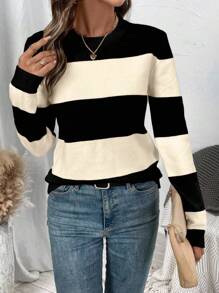 SHEIN Tall Áo len dệt kim kẻ sọc dày thời trang giản dị sang trọng đa năng cho kỳ nghỉ lễ của phụ nữ, mùa xuân/thu/đông - Nhiều màu - Xem 4