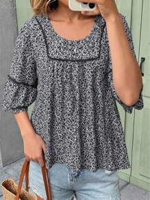 INAWLY Women's Casual Loose Lantern Sleeve Allover Print Top For Vacation - Multicolor - View 1