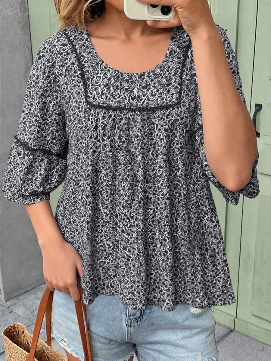 INAWLY Women's Casual Loose Lantern Sleeve Allover Print Top For Vacation - Multicolor - View 1