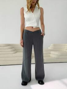 SHEIN EZwear 女士纯色宽腿宽松休闲通勤裤 - 灰色 - 查看 3