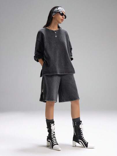 LYSMO 2025 Mới Đến Phong Cách Tối Giản Thu Đông 2 Chiếc Cho Nữ Bộ Đồ Ngắn Tay Dáng Rộng Màu Trơn Áo Trễ Vai Và Quần Short Bộ Đồ Ngắn Cho Nữ 2 Mảnh Bộ Đồ Ngắn Cho Nữ 2 Mảnh Bộ Đồ Ngắn Bằng Vải Lanh Cho Nữ Bộ Đồ Ngắn Bằng Vải Lanh Cho Nữ Quần Short Biker Cho Nữ Để Đi Chơi Trang Phục, Thời Trang Đường Phố Và Phong Cách Stockholm Trang Phục Halloween Quần Áo Gothic