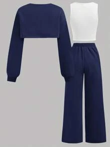 SHEIN Girlism Zestaw dla nastolatki 3 szt.: granatowa bluza, biały top na ramiączkach, długie spodnie casualowe, jesień - Granatowy - Zobacz 2