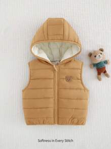 Cozy Pixies 新生男宝宝卡通熊印花连帽加厚无袖开衫，男宝宝背心，婴儿背心，男宝宝冬季背心，婴儿保暖背心，男宝宝抓绒背心，带帽婴儿背心，秋季款