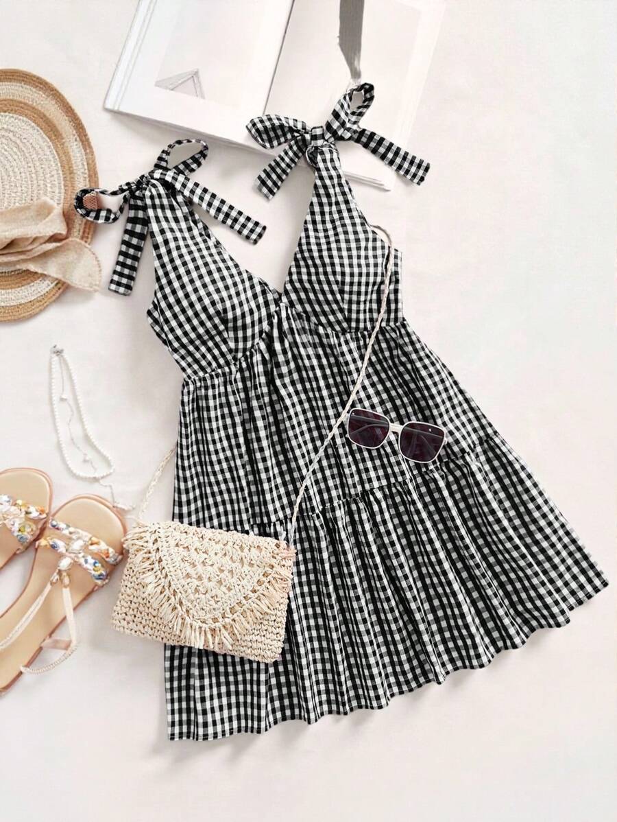 Tween Girls Casual Fashion Woven Gingham V-Neck Sleeveless Bow Patchwork Waist A-Line Dress, Back To School, Graduation Party, Summer Holiday - Black - View 1