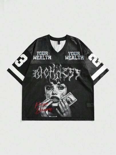Prep Men's Dark Tone Rich Girl Graphic Print Short Sleeve Jersey Sports T-Shirt