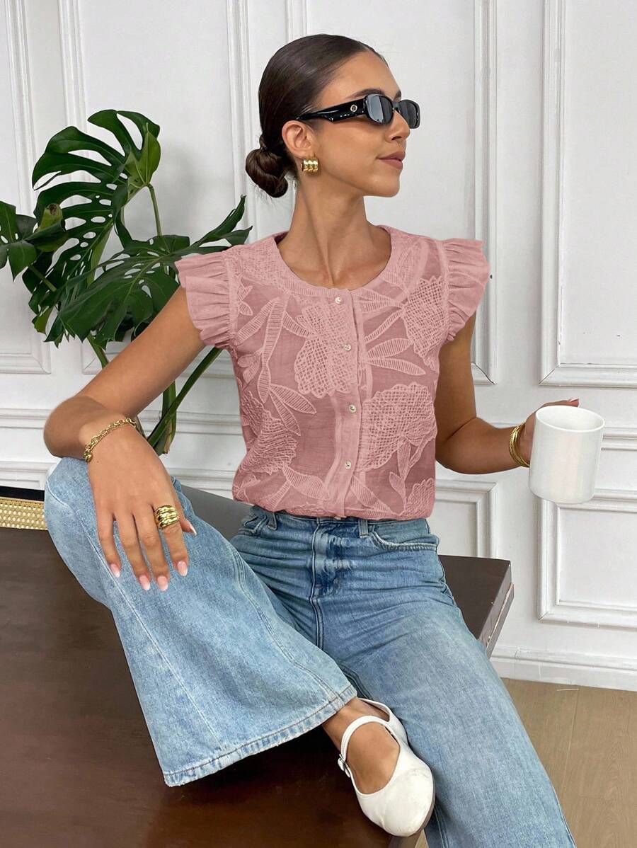 Serisse 女式花卉提花圆领盖袖单排扣时尚衬衫 - 藕粉色 - 查看 1