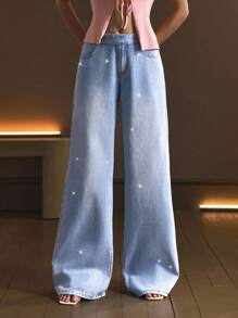 SHEIN Low Waist Silver Foil Detail Light Blue Washed Wide Leg Denim Jeans, Rhinestone Jeans - Light Wash - View 4