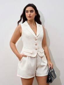 Chikora Plus Size Women Solid Color Lapel Collar Single-Breasted Vest + Shorts Elegant Suit, 2pcs Set Teacher Outfits Plus Size Business Casual Woman Curve Going Out Outfits Winter Clothes Fall Clothes Plus Size