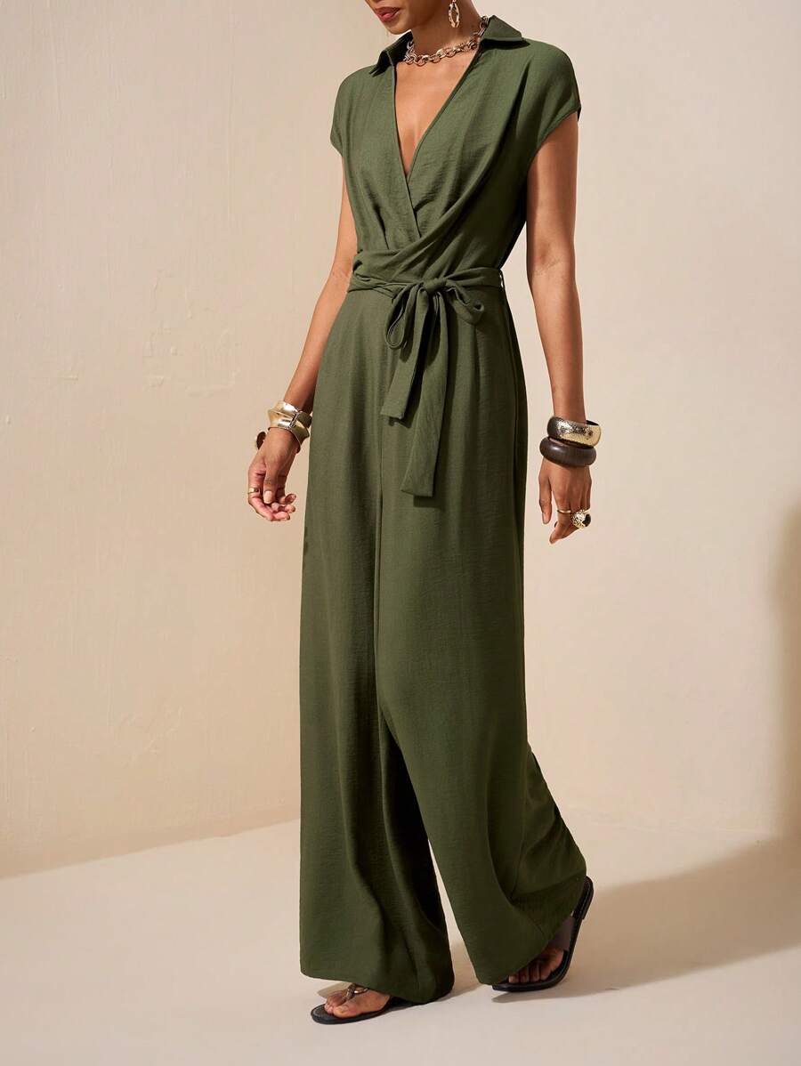 Zivah New Summer Casual Simple Basic Style Daily Dating Commuting Elegant Lapel Sleeveless Wide Shoulder Cross Strap Waist Wide Leg Straight Pants Green Women's Jumpsuit-A Green Jumpsuit Women Summer Jumpsuits For Women Casual Jumpsuits For Women Green Women Jumpsuit - Army Green - View 1