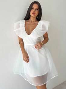 Firerie 女士优雅浪漫 V 领褶皱高腰薄纱迷你裙，适合约会、婚礼、派对、音乐节、日常穿着 - 白色 - 查看 5