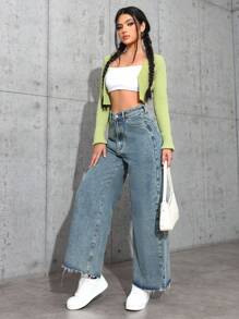 SHEIN ICON Vaqueros rectos de pierna con lavado de borde casual - Azul lavado oscuro - Ver 4