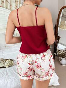 CottageSlumber Romantic-Flora Burgundy Spaghetti Strap Pajama Set With Floral Shorts For Summer Lounging Women Pajama Set Pj Sets For Women Summer Summer Lounge Sets For Women Cami Pajama Set 2 Piece Short Sets Woman - Burgundy - View 2