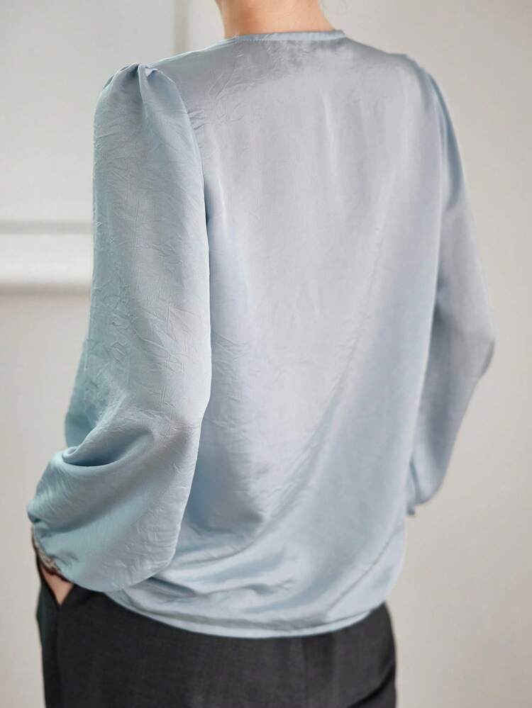 Loose Business Casual Splice Hollow Out Ribbon Splice Long Sleeve Chiffon Satin V-Neck Blouse For Women, Suitable For Spring, Summer, Autumn