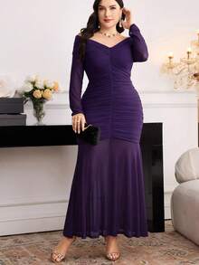 Modelyn Elegant Plus Size Solid Color Off Shoulder Ruched Fitted Dress - Purple - View 5