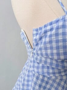 Franclia 优雅时尚细肩带蓝白格子交叉前褶皱女式夏季背心 - 藍白色 - 查看 6