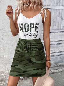 INAWLY Women's Summer Letter & Camo Print Casual Spaghetti Strap Midi Dress