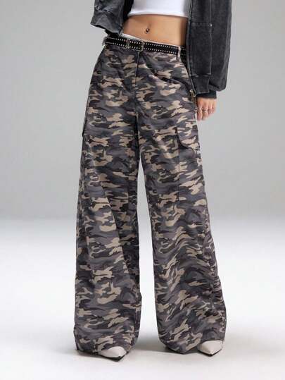 LYSMO 2025年新款简约秋季女士休闲时尚迷彩宽松纽扣口袋裤，适合外出穿着、返校装、毕业装、街头装、垃圾摇滚和朋克时尚、Y2K服装和斯德哥尔摩风格、前卫女装和独特服装、返校装、返校节、2000年代风格、Y2K服装返校装