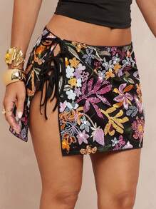 Lumalex Fall Modest Old Money Coquette Glitter Holiday Party Rave Festival Outing Swim Vacation Bohemian BOHO Sea Beach Hot Outdoor Richly Layered Wedding Season Banquet Coming Of Age Ceremony Beach Seaside Floral Beaded Sequins Embroidered Low Waist Tie-Up Mini Skirt