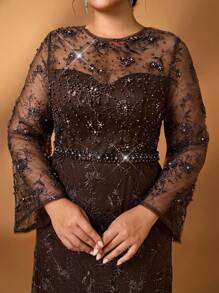 Serin 优雅浪漫咖啡色圆领长袖透视奢华刺绣珍珠和水钻装饰美人鱼下摆新娘妈妈礼服，加大码 - 咖啡棕 - 查看 5