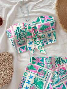 Soleia Women's 2 Pieces Vacation Summer Ocean Element Shell Coral Print Set, Casual Holiday, Daily, Beach Resort - Green - View 4