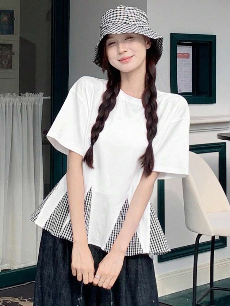 Women's Summer Round Neck Plaid Patchwork Fishtail Cropped Casual T-Shirt