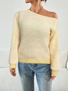 SHEIN Essnce 女士秋冬时尚露肩领不对称领条纹长袖毛衣海岸魅力条纹落肩毛衣海军风毛衣 - 黃色 - 查看 5