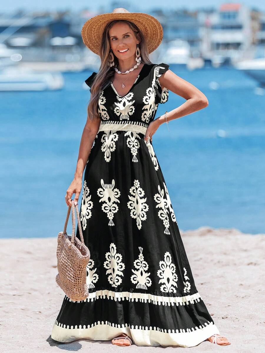 Sylviya 收縮荷葉邊設計短袖腰帶印花休閒度假裙，A字裙擺 - 彩色 - 查看 1