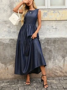 EMERY ROSE 女式休闲无袖牛仔长裙，带荷叶边下摆，夏季 - 深色水洗藍 - 查看 7