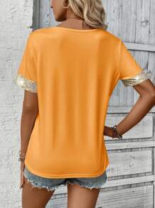 SHEIN LUNE Women's Vacation Casual Sequin Patchwork Short Sleeve T-Shirt