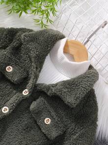 Solid Color Long Sleeve Collar Faux Fur Jacket For Tween Girl Fall Winter - Army Green - View 3