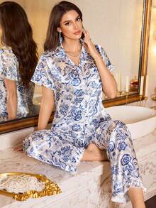 LuxeNights 女士印花开衫，翻领，纽扣开合，仿丝短袖睡衣套装