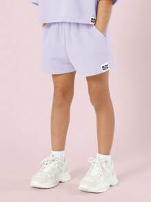 SUMWON 女童夏季套装，梦幻宽松露脐上衣搭配同款短裤，休闲日常街头风童装 - 紫色 - 查看 4