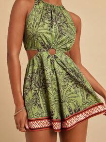 Travachic 女士热带印花露背连体衣，度假风格 - 綠色 - 查看 5