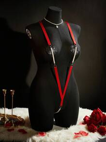 SpicyHot 加大码 2 件珍珠装饰比基尼泳装套装：吊带紧身衣 + 心形乳贴，亮面彩虹色 - 紅色 - 查看 5