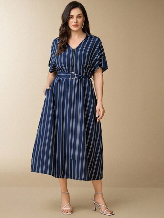 Flouryn Plusstorlek kvinnor V-ringad randig klänning i midjan, avslappnad pendlare snygg